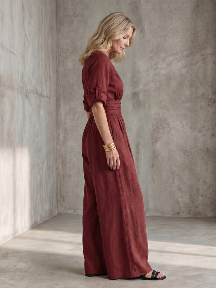 Florence | Women's Cross-Front Wide-Leg Jumpsuit Gathered Waist Pockets