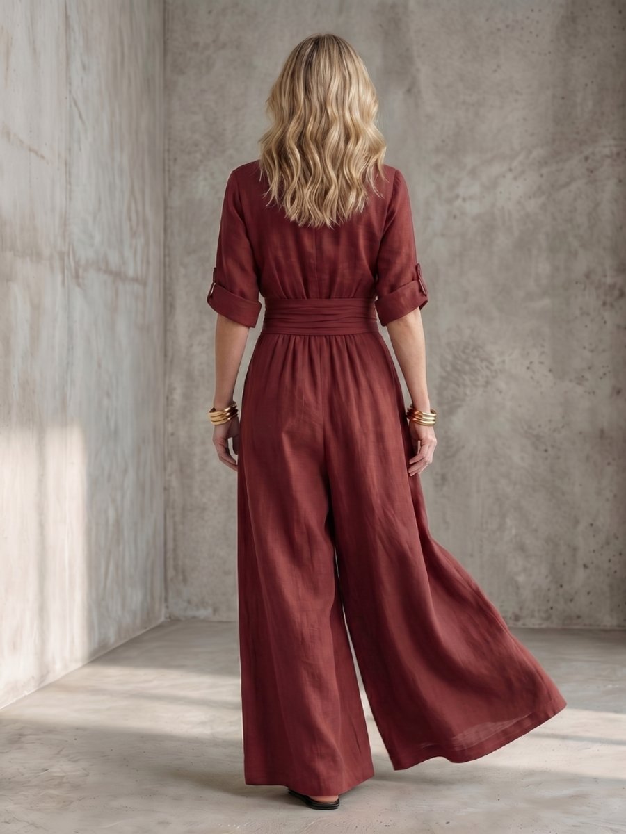 Florence | Women's Cross-Front Wide-Leg Jumpsuit Gathered Waist Pockets