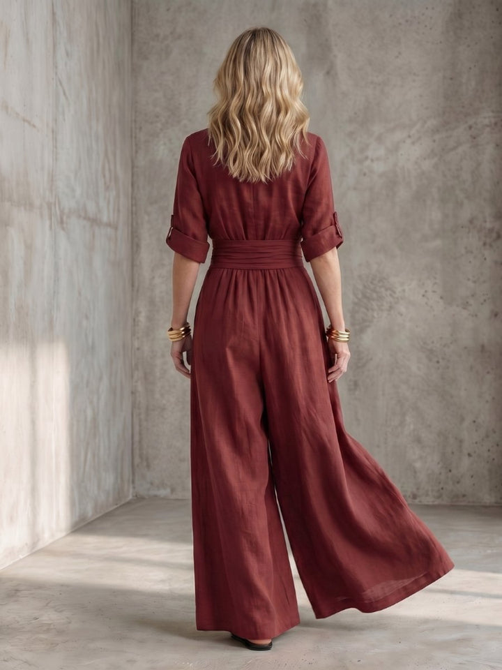 Florence | Women's Cross-Front Wide-Leg Jumpsuit Gathered Waist Pockets