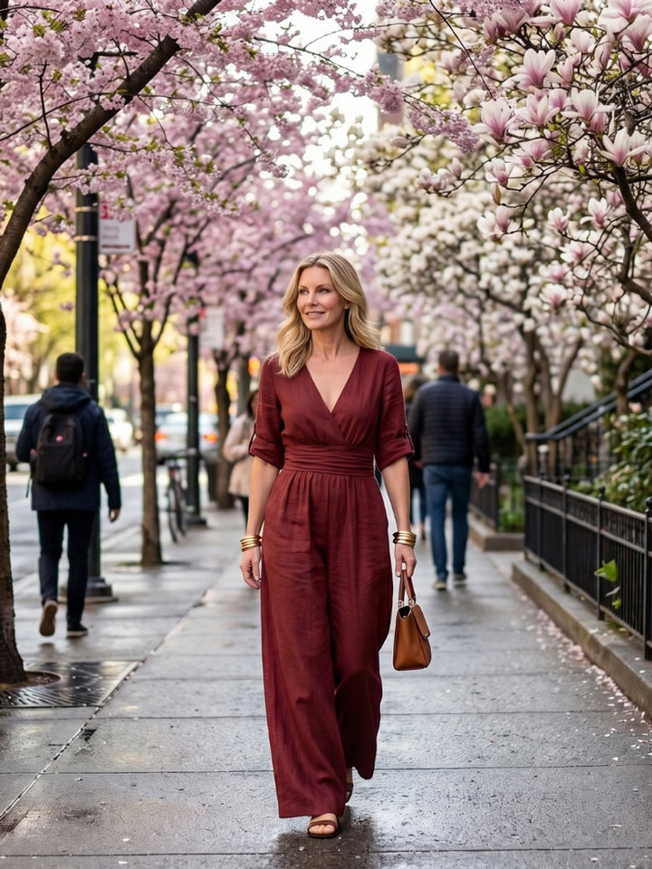 Florence | Women's Cross-Front Wide-Leg Jumpsuit Gathered Waist Pockets