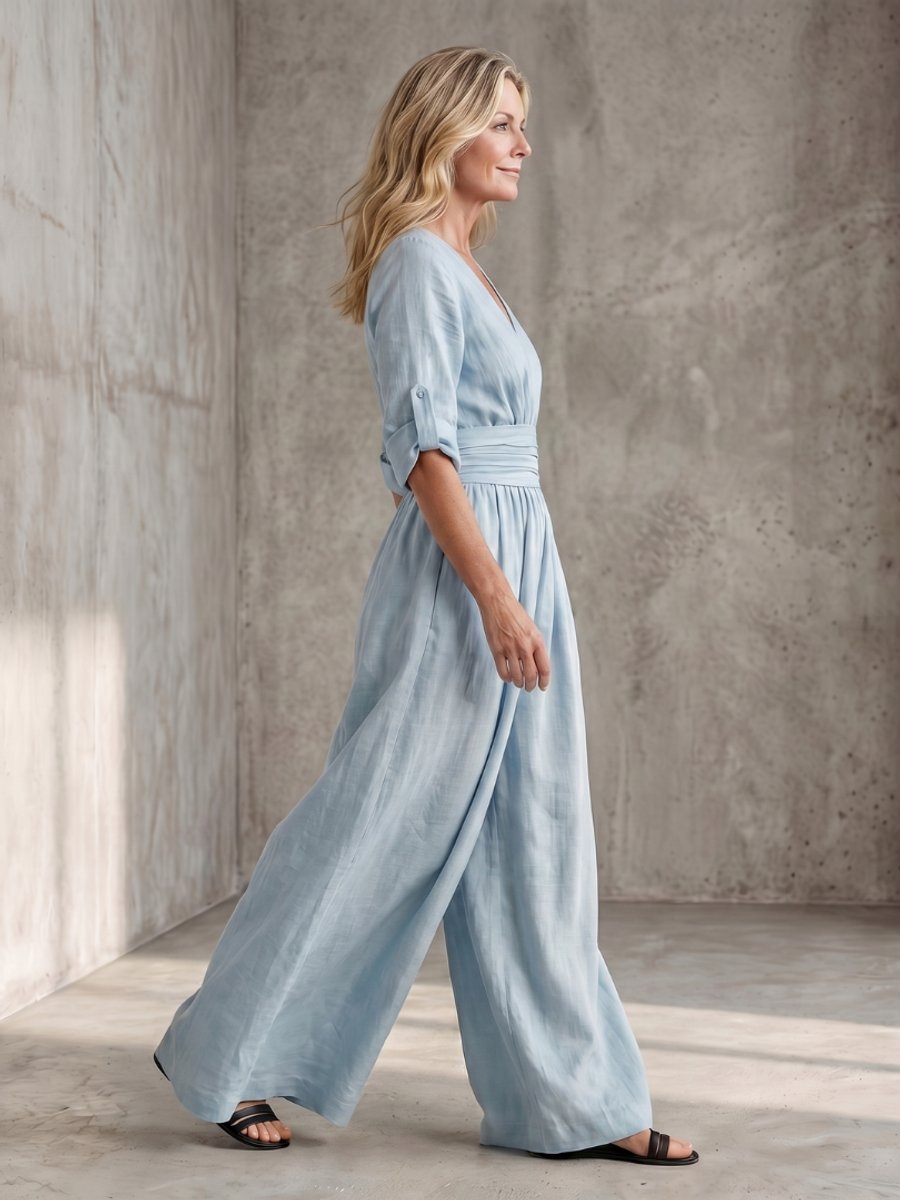 Florence | Women's Cross-Front Wide-Leg Jumpsuit Gathered Waist Pockets