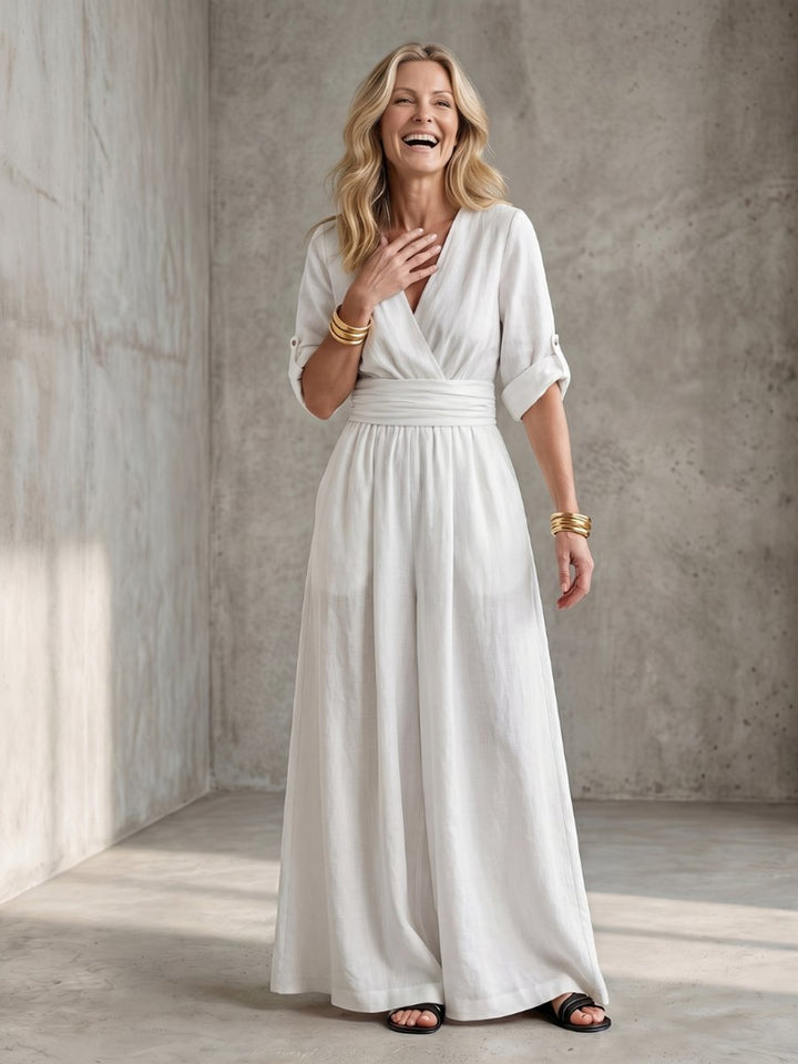Florence | Women's Cross-Front Wide-Leg Jumpsuit Gathered Waist Pockets