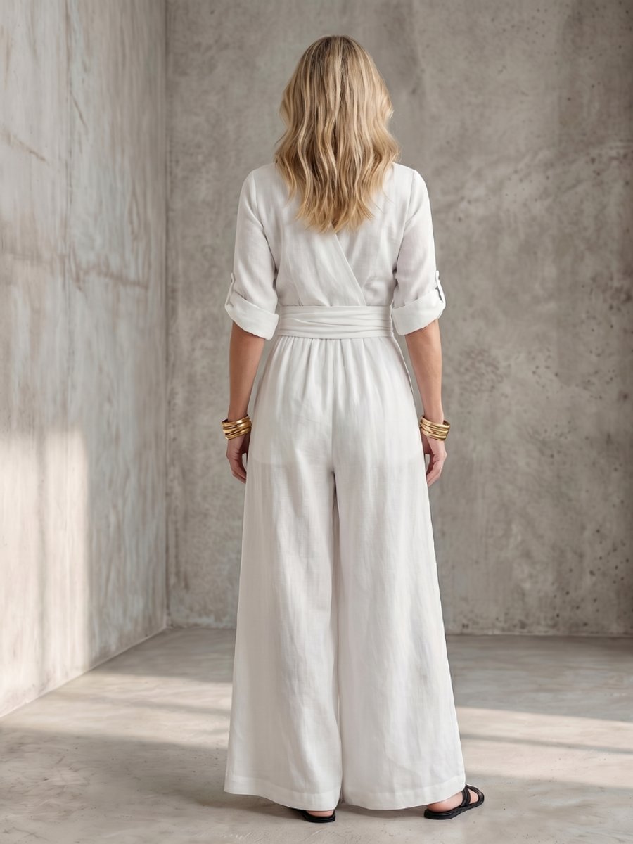 Florence | Women's Cross-Front Wide-Leg Jumpsuit Gathered Waist Pockets