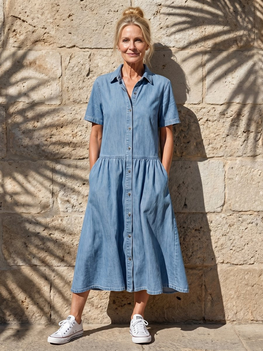 Freya | Women's Everyday Day Dress Denim Gathered Waist Midi Shirt Dress