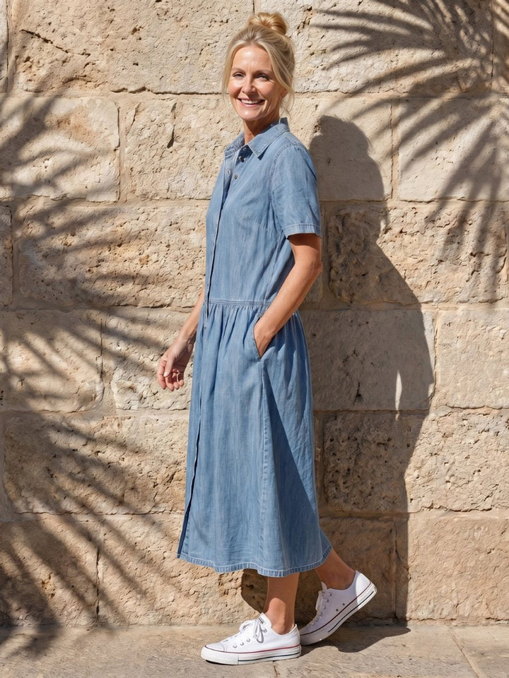 Freya | Women's Everyday Day Dress Denim Gathered Waist Midi Shirt Dress