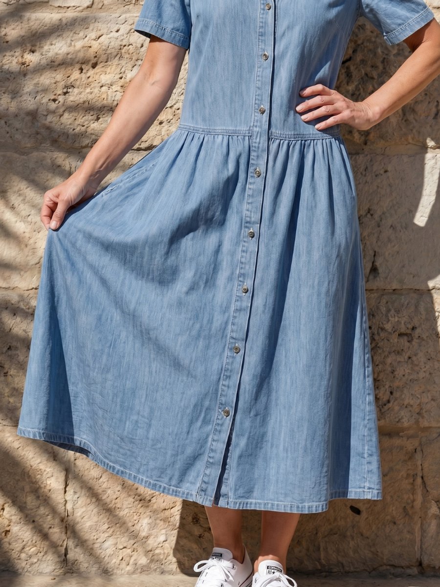 Freya | Women's Everyday Day Dress Denim Gathered Waist Midi Shirt Dress