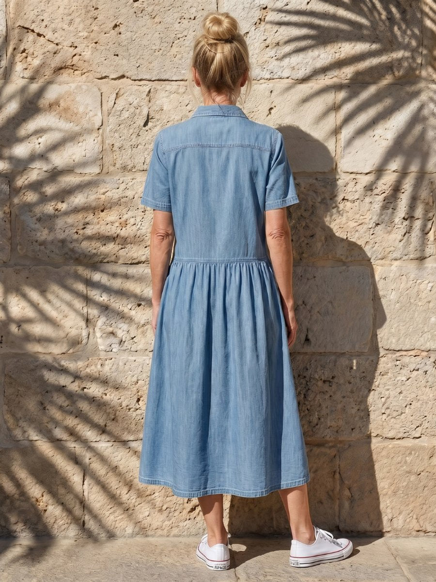 Freya | Women's Everyday Day Dress Denim Gathered Waist Midi Shirt Dress