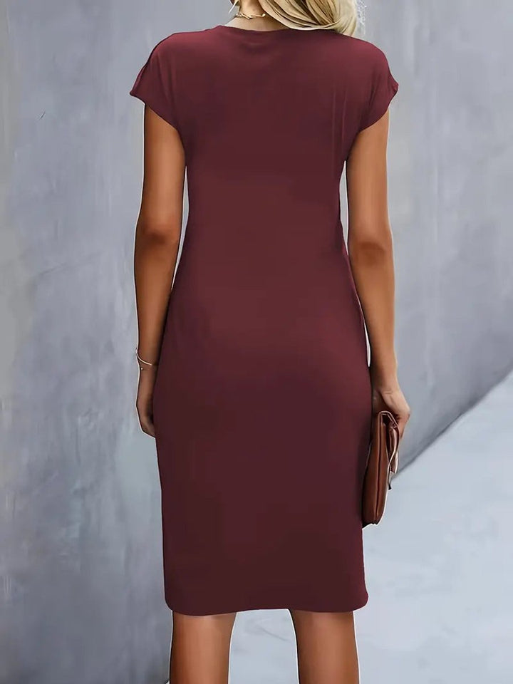 Olivia | Women's Draped Midi Dress Fitted Round Neck Cap Sleeves