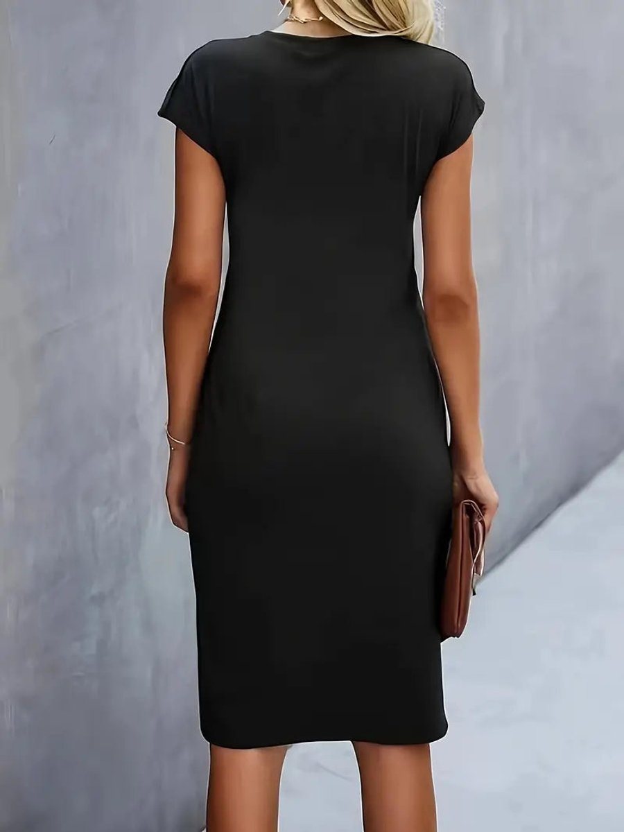 Olivia | Women's Draped Midi Dress Fitted Round Neck Cap Sleeves