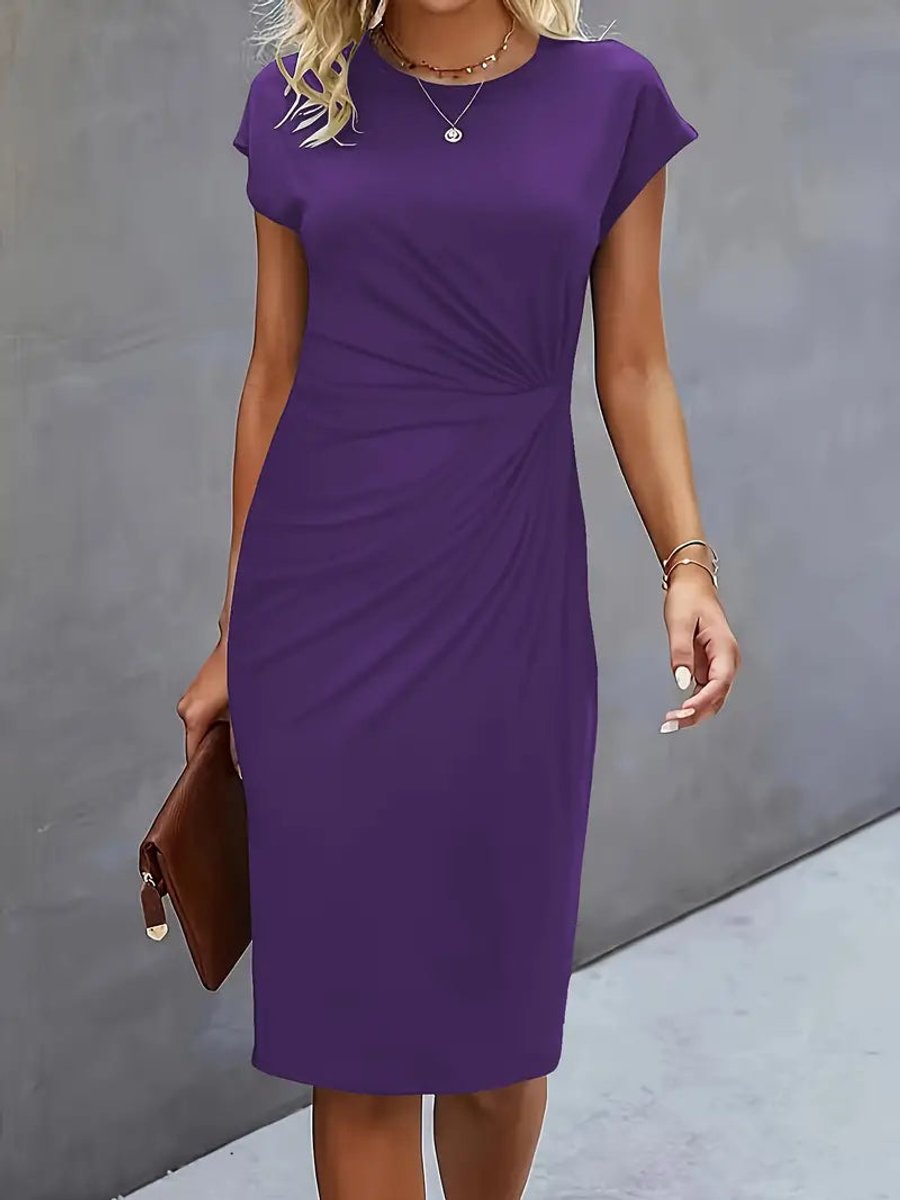 Olivia | Women's Draped Midi Dress Fitted Round Neck Cap Sleeves