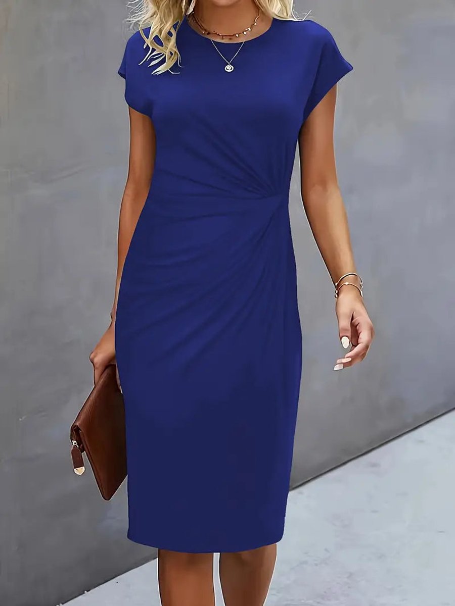 Olivia | Women's Draped Midi Dress Fitted Round Neck Cap Sleeves