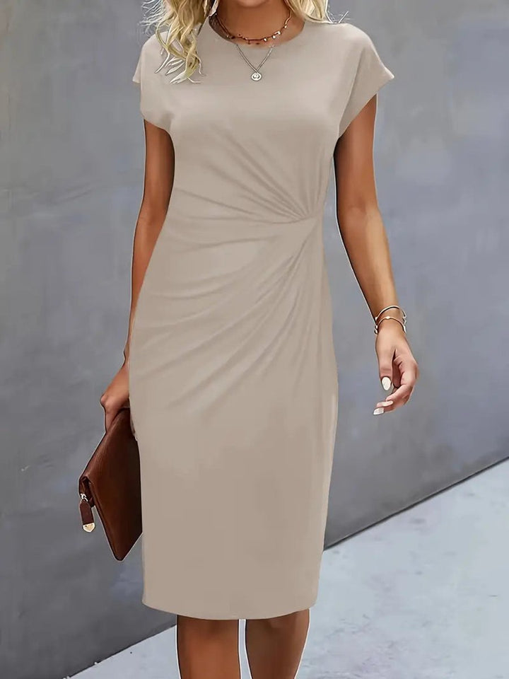 Olivia | Women's Draped Midi Dress Fitted Round Neck Cap Sleeves