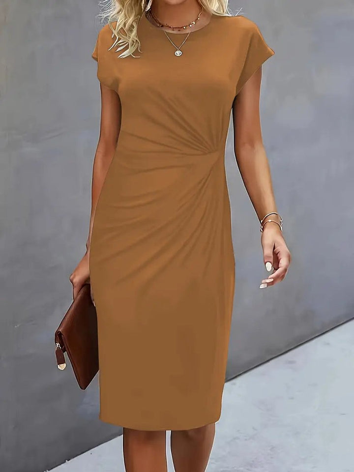 Olivia | Women's Draped Midi Dress Fitted Round Neck Cap Sleeves