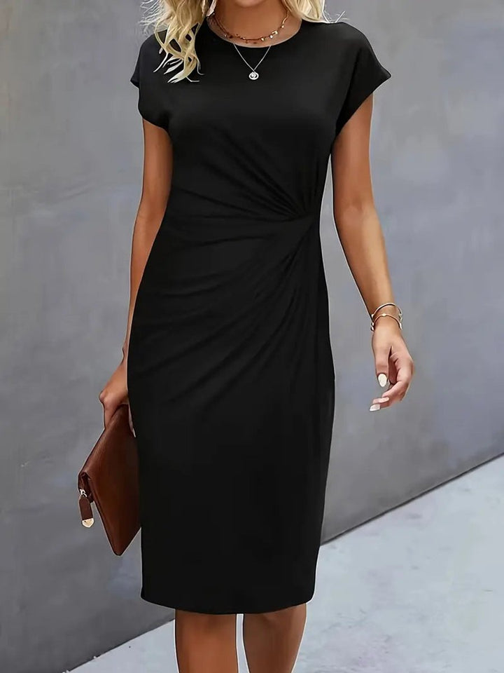 Olivia | Women's Draped Midi Dress Fitted Round Neck Cap Sleeves