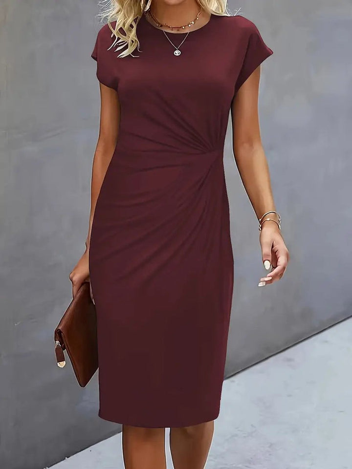 Olivia | Women's Draped Midi Dress Fitted Round Neck Cap Sleeves