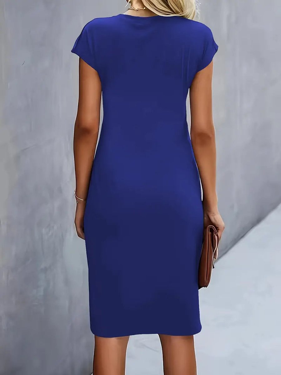Olivia | Women's Draped Midi Dress Fitted Round Neck Cap Sleeves