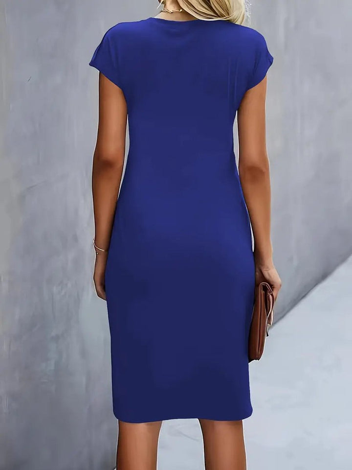 Olivia | Women's Draped Midi Dress Fitted Round Neck Cap Sleeves