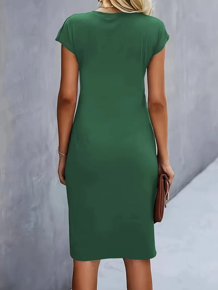 Olivia | Women's Draped Midi Dress Fitted Round Neck Cap Sleeves