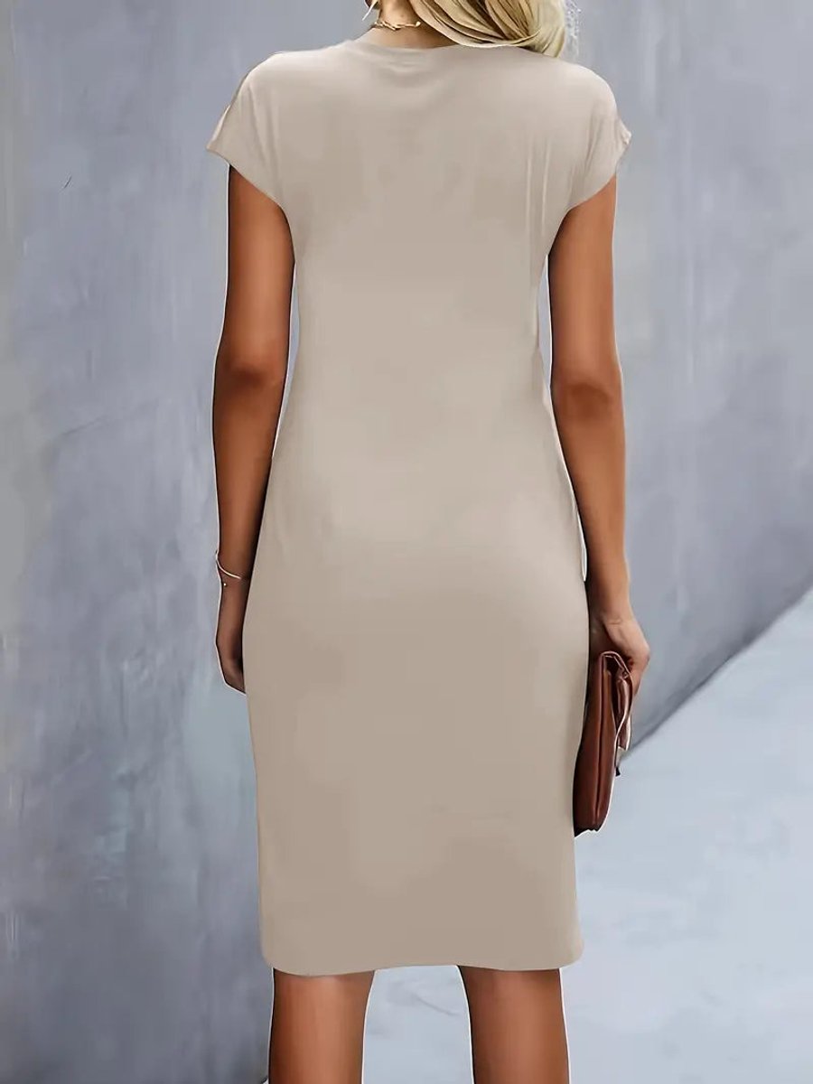 Olivia | Women's Draped Midi Dress Fitted Round Neck Cap Sleeves
