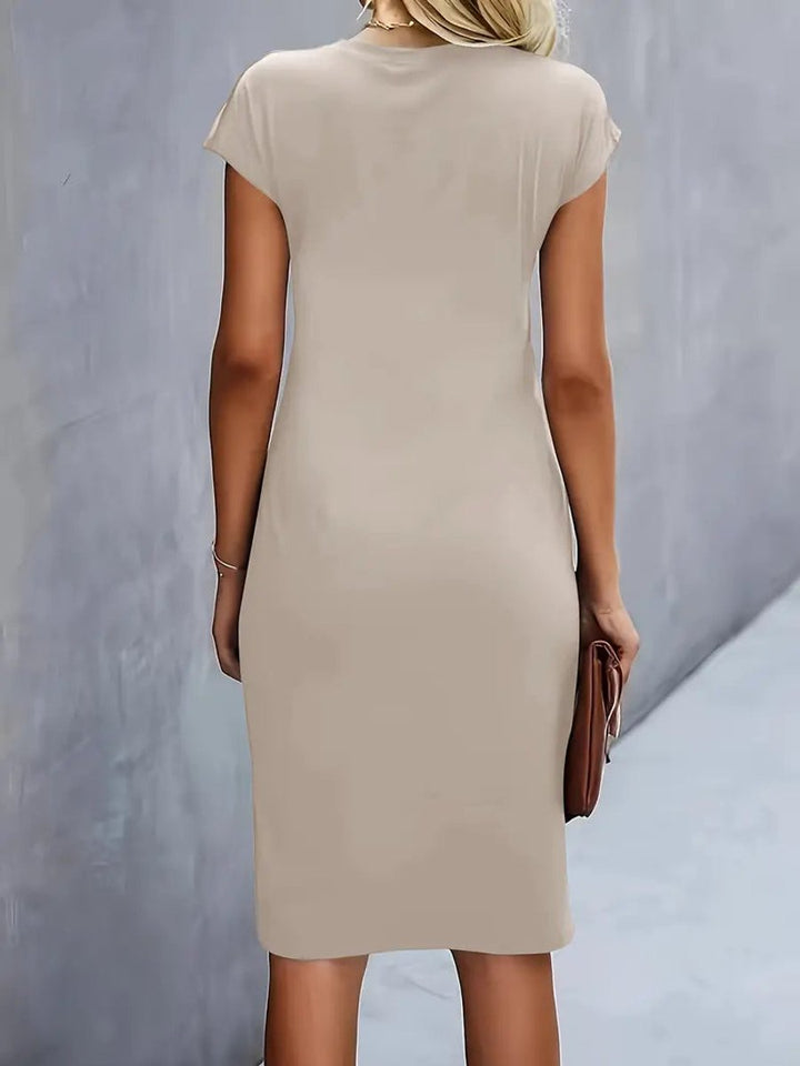 Olivia | Women's Draped Midi Dress Fitted Round Neck Cap Sleeves