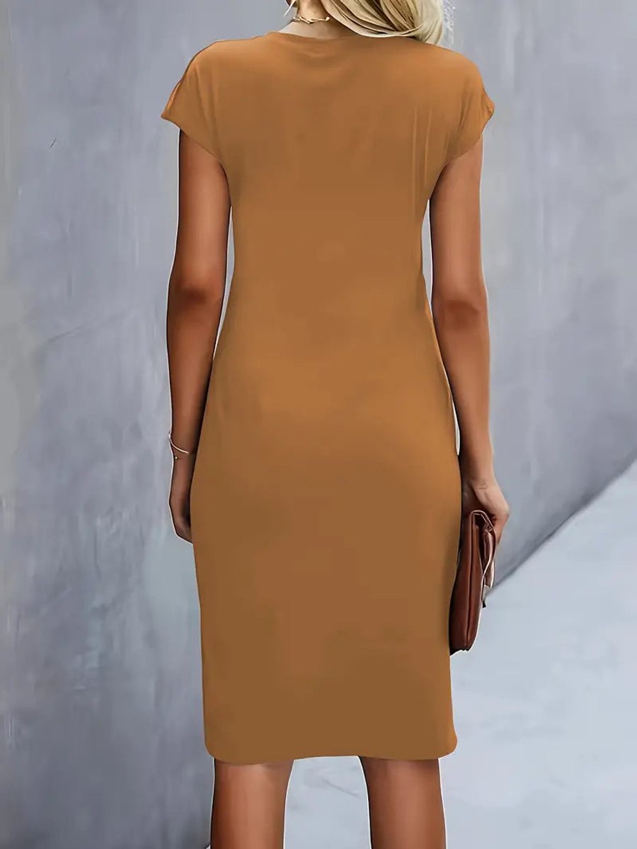 Olivia | Women's Draped Midi Dress Fitted Round Neck Cap Sleeves