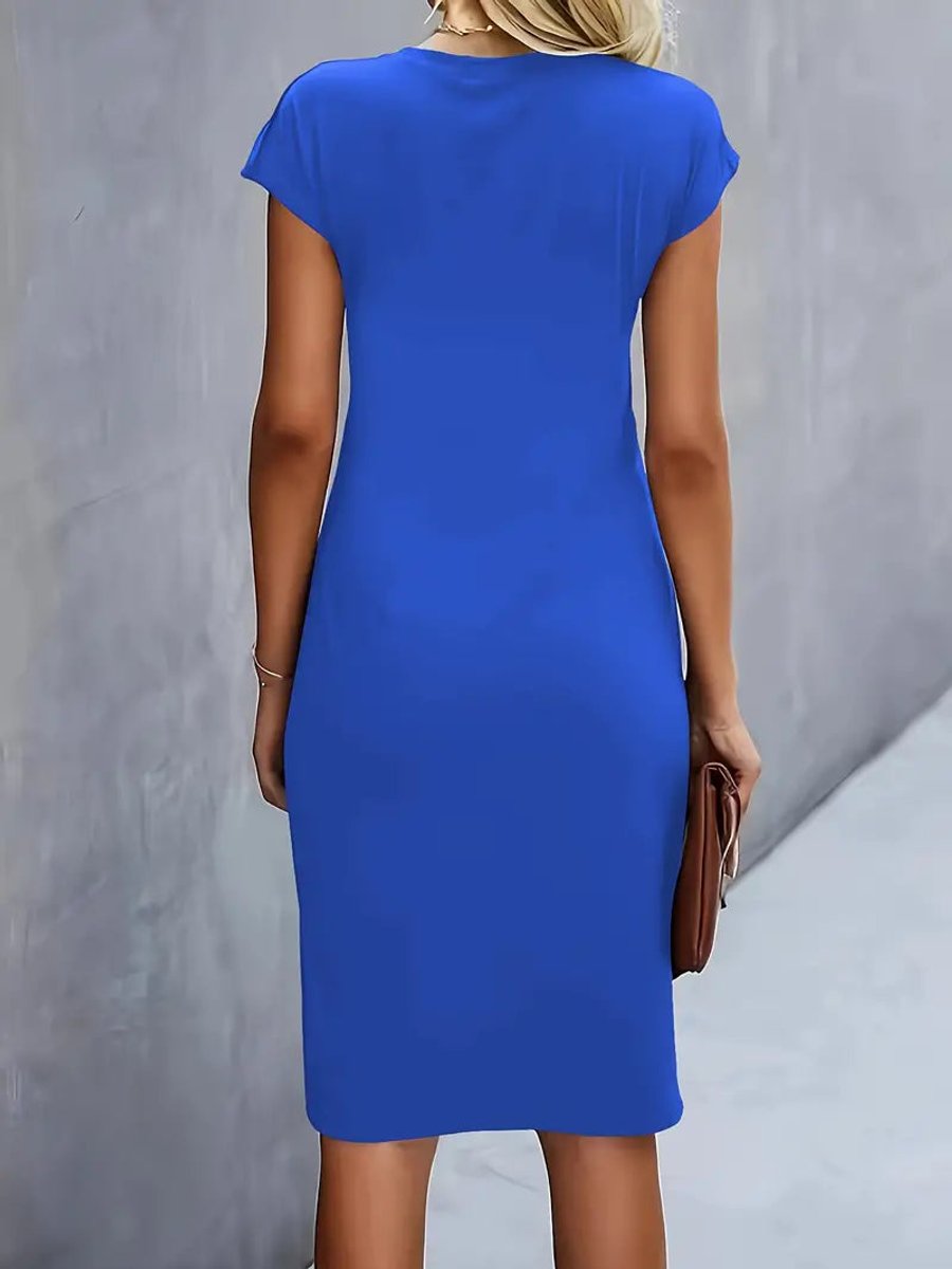 Olivia | Women's Draped Midi Dress Fitted Round Neck Cap Sleeves
