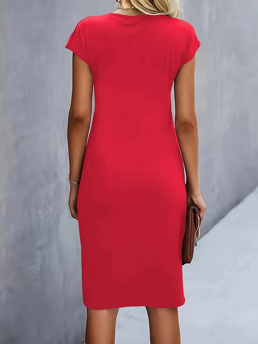 Olivia | Women's Draped Midi Dress Fitted Round Neck Cap Sleeves