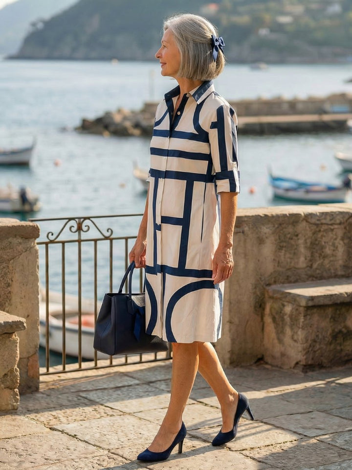 Freya | Women's Everyday Day Dress Geometric Button-Front Shirt Dress