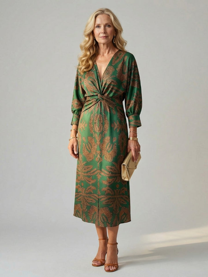 Grace | Women's Long Sleeve Midi Dress Twist Front V-Neck Botanical Print