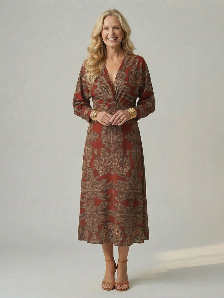 Grace | Women's Long Sleeve Midi Dress Twist Front V-Neck Botanical Print