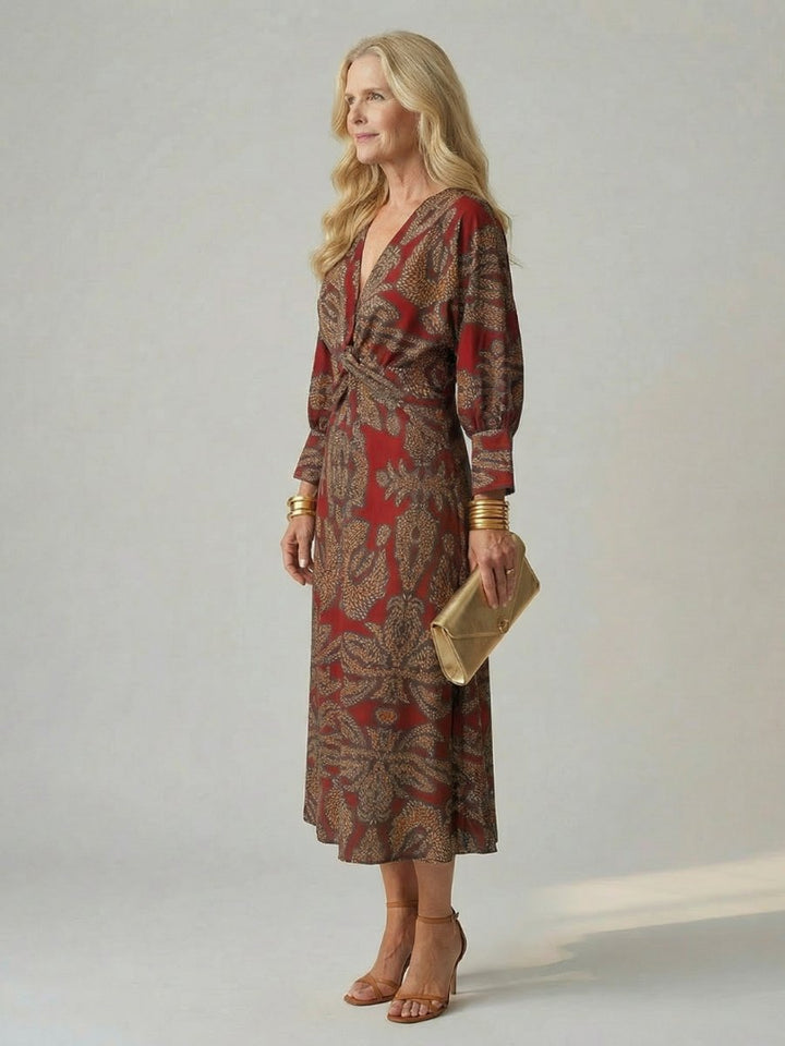 Grace | Women's Long Sleeve Midi Dress Twist Front V-Neck Botanical Print