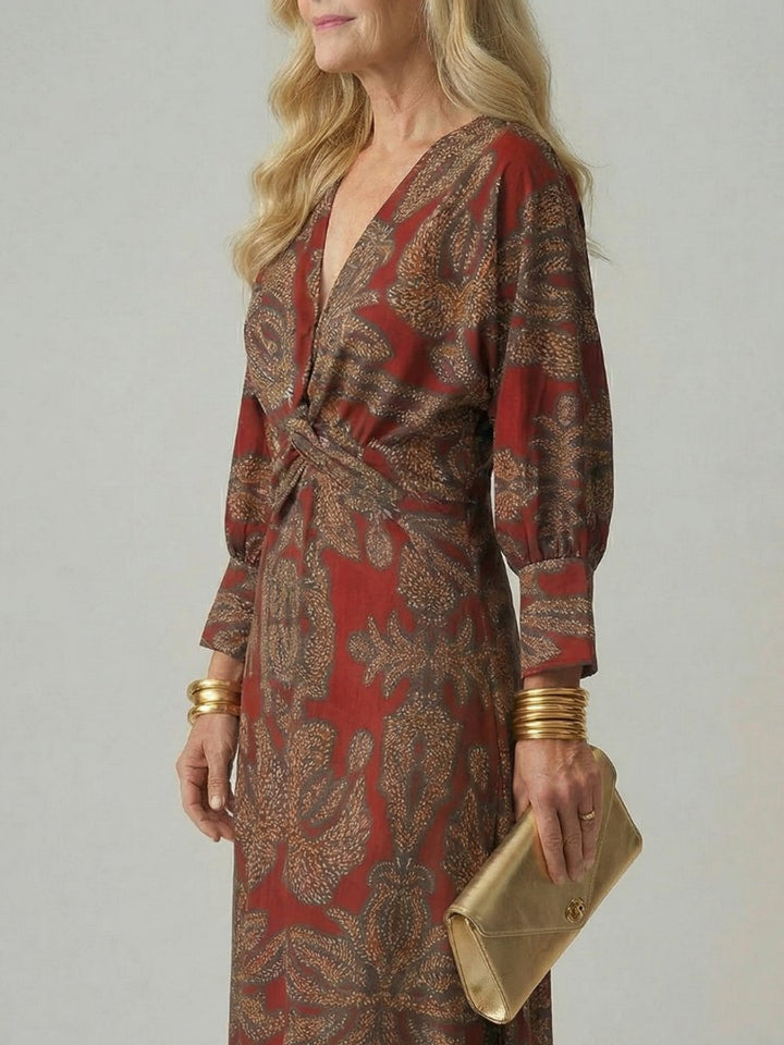 Grace | Women's Long Sleeve Midi Dress Twist Front V-Neck Botanical Print
