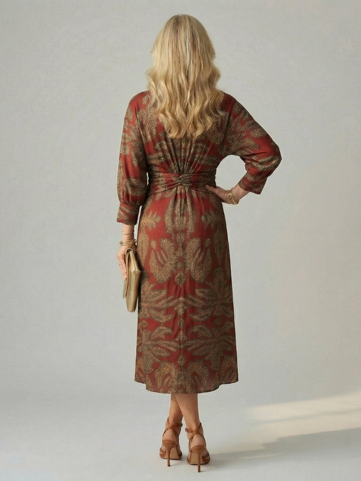 Grace | Women's Long Sleeve Midi Dress Twist Front V-Neck Botanical Print