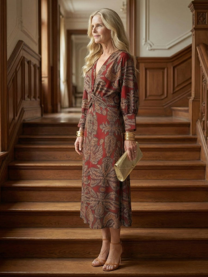 Grace | Women's Long Sleeve Midi Dress Twist Front V-Neck Botanical Print
