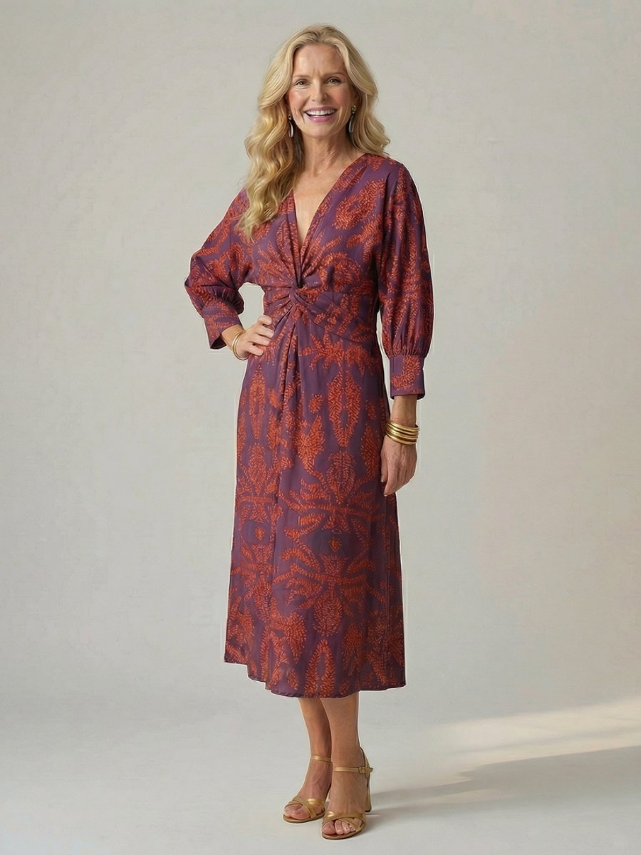 Grace | Women's Long Sleeve Midi Dress Twist Front V-Neck Botanical Print