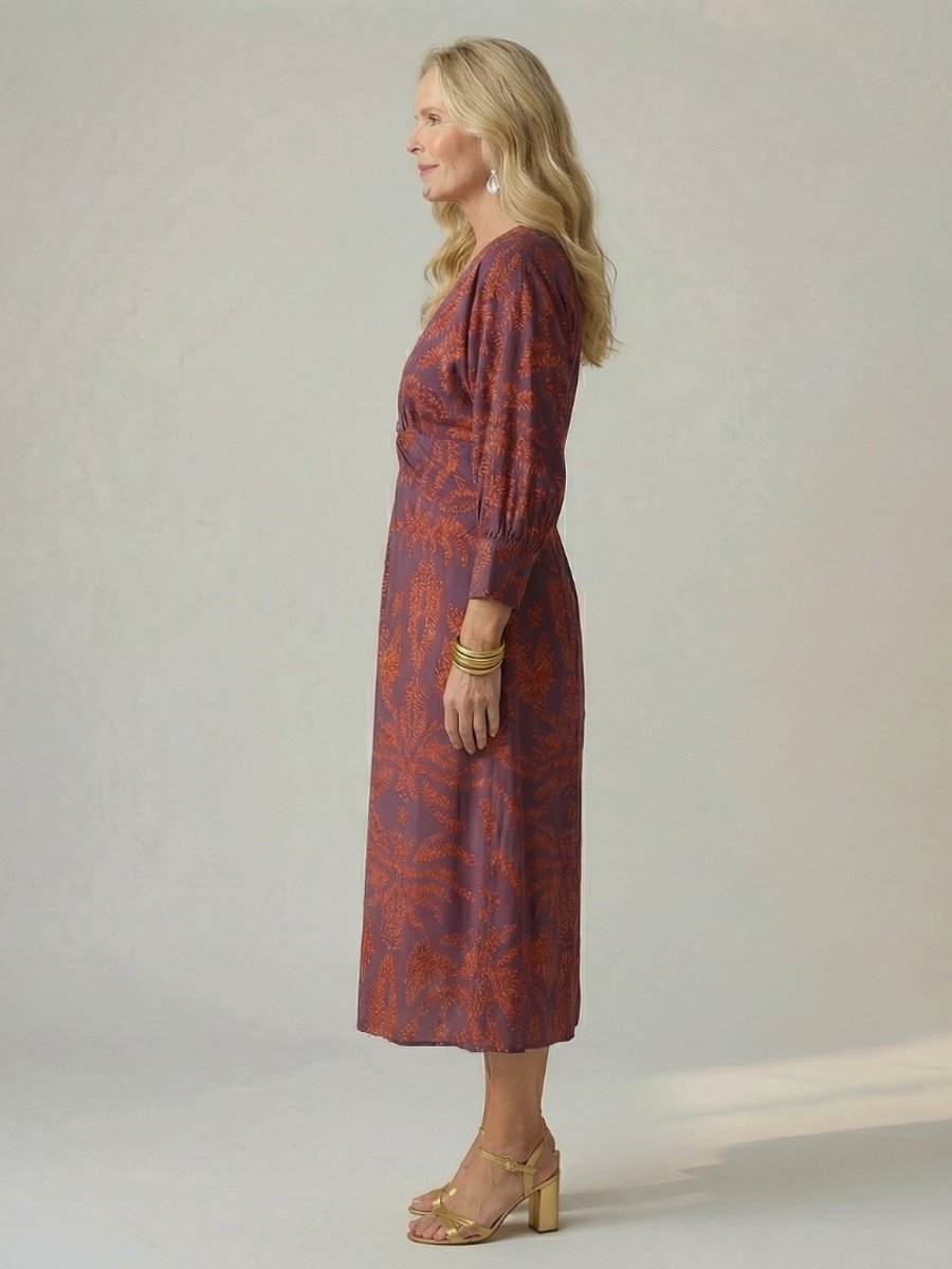 Grace | Women's Long Sleeve Midi Dress Twist Front V-Neck Botanical Print