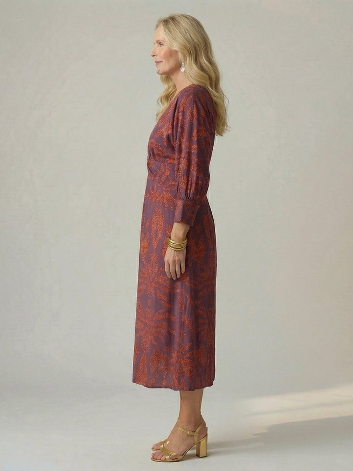 Grace | Women's Long Sleeve Midi Dress Twist Front V-Neck Botanical Print