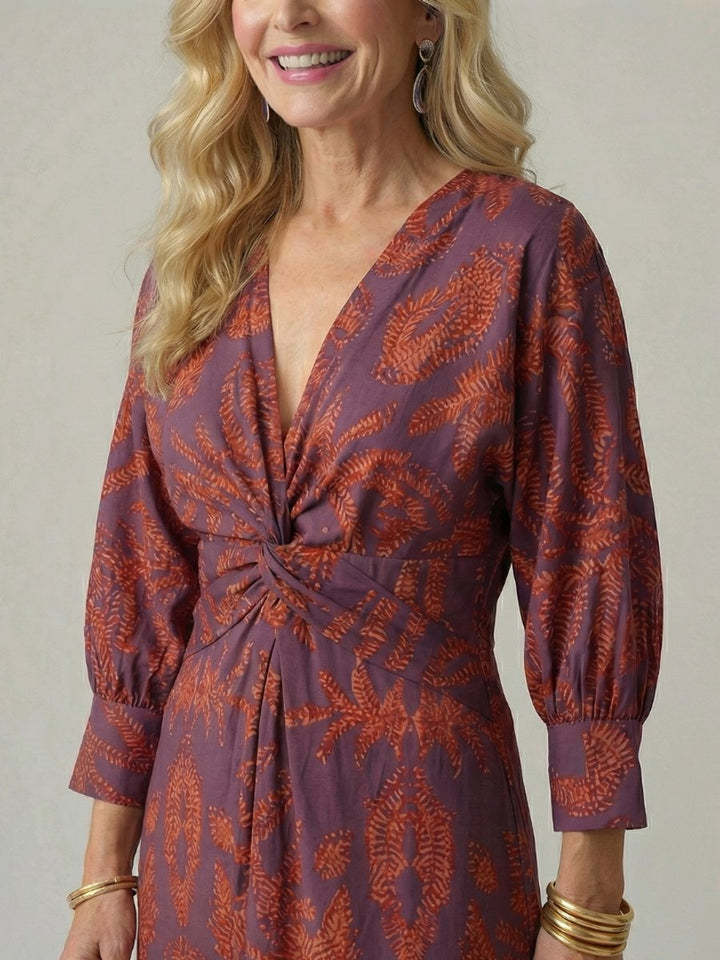Grace | Women's Long Sleeve Midi Dress Twist Front V-Neck Botanical Print