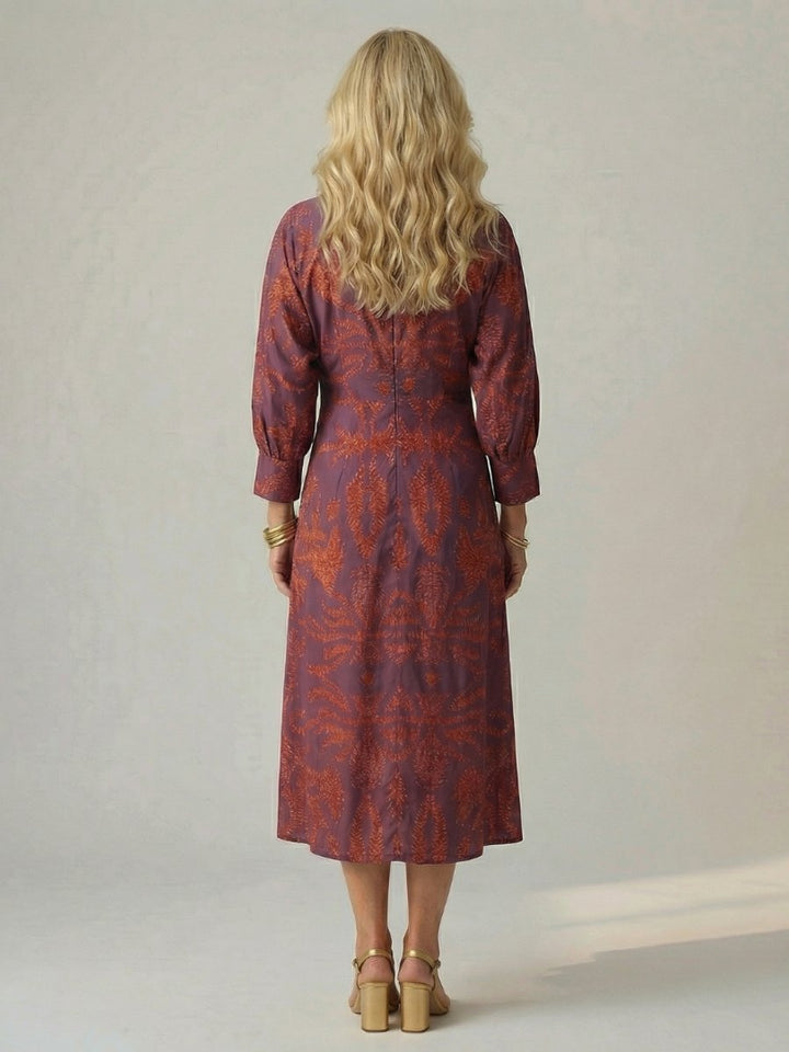 Grace | Women's Long Sleeve Midi Dress Twist Front V-Neck Botanical Print
