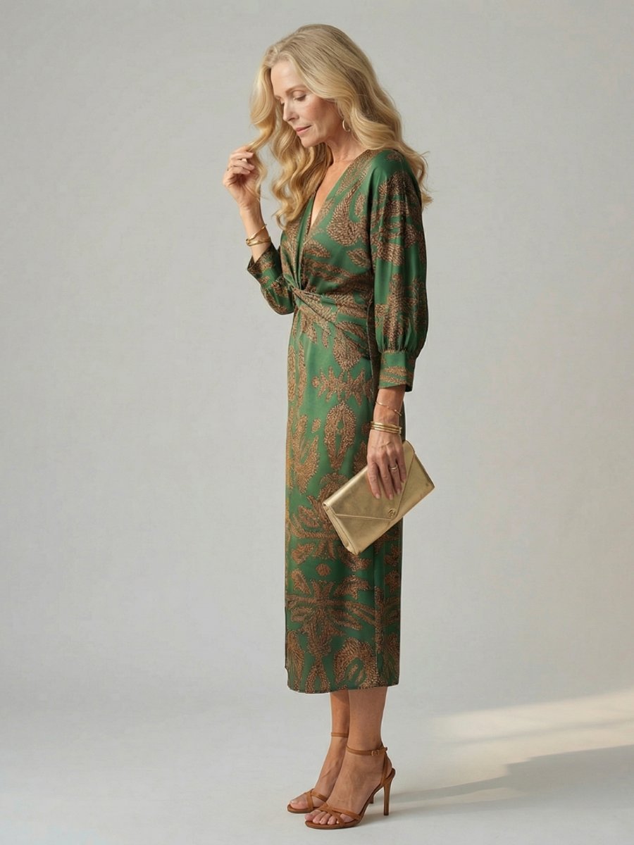 Grace | Women's Long Sleeve Midi Dress Twist Front V-Neck Botanical Print