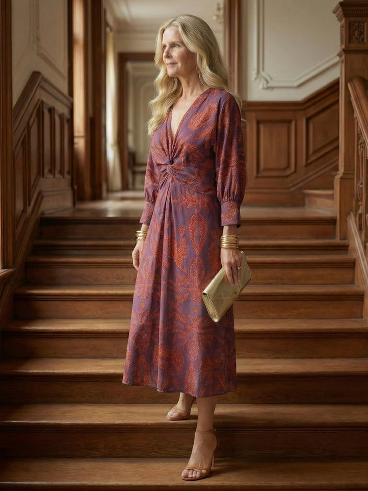Grace | Women's Long Sleeve Midi Dress Twist Front V-Neck Botanical Print