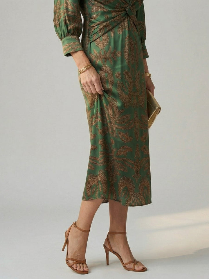 Grace | Women's Long Sleeve Midi Dress Twist Front V-Neck Botanical Print