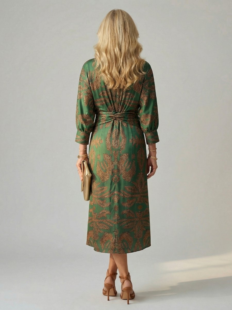 Grace | Women's Long Sleeve Midi Dress Twist Front V-Neck Botanical Print