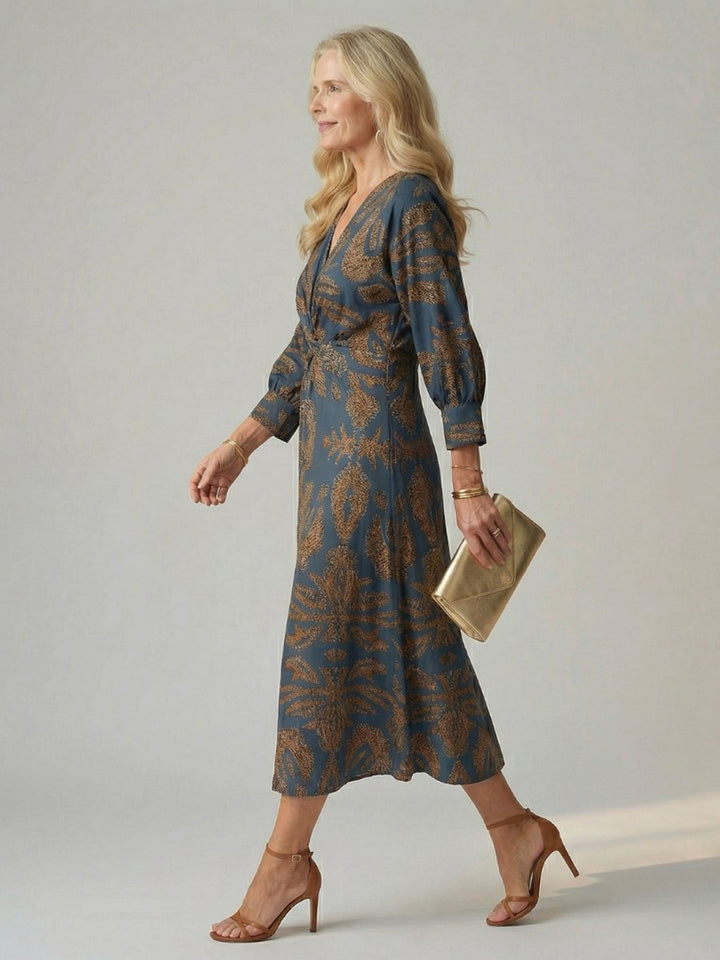 Grace | Women's Long Sleeve Midi Dress Twist Front V-Neck Botanical Print