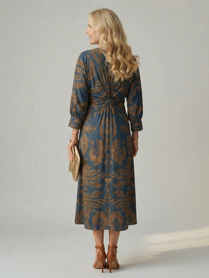 Grace | Women's Long Sleeve Midi Dress Twist Front V-Neck Botanical Print