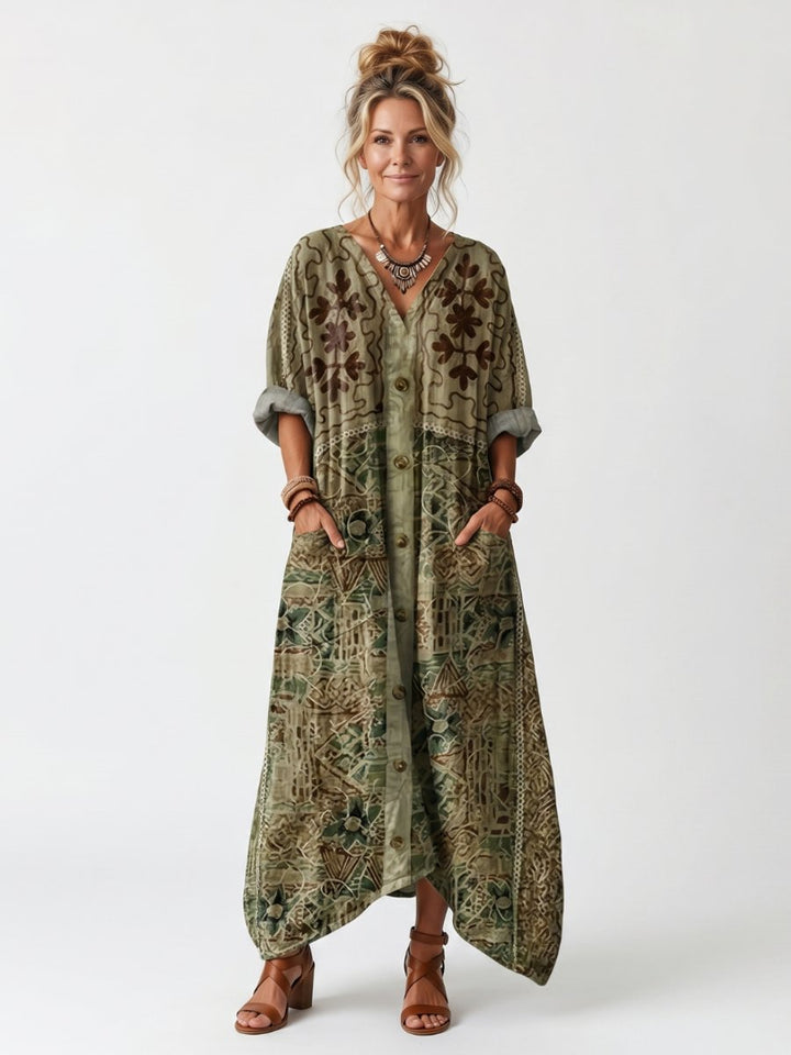Mia | Women's Oversized Embroidered Midi Dress Button Front Pockets
