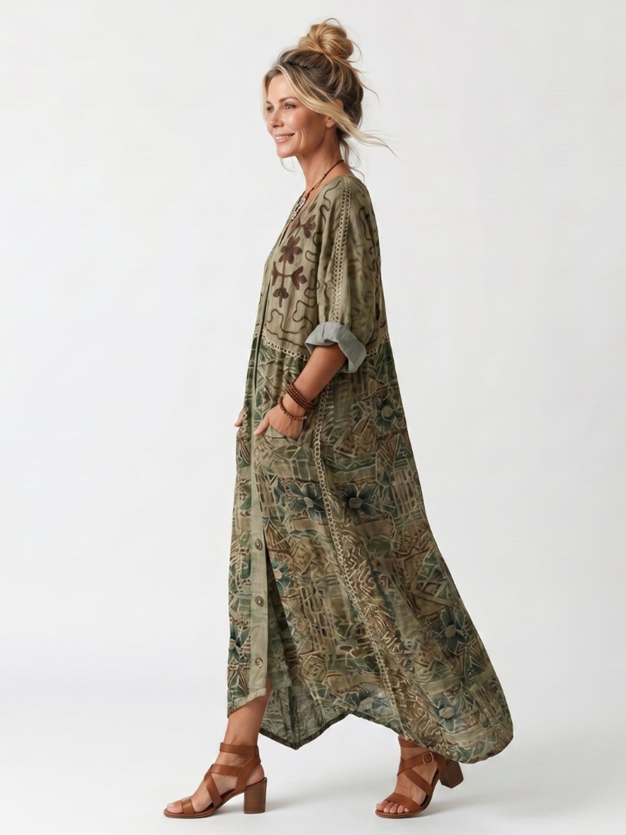 Mia | Women's Oversized Embroidered Midi Dress Button Front Pockets