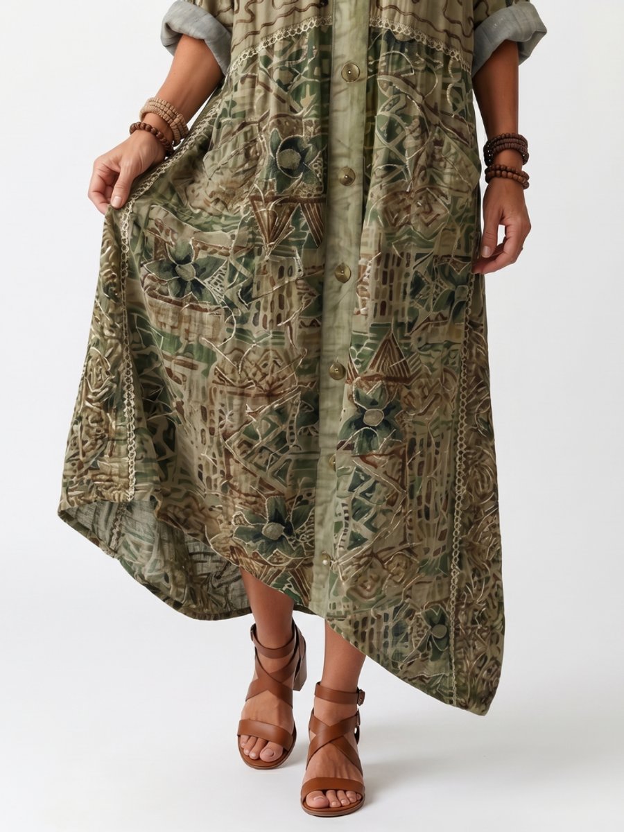 Mia | Women's Oversized Embroidered Midi Dress Button Front Pockets