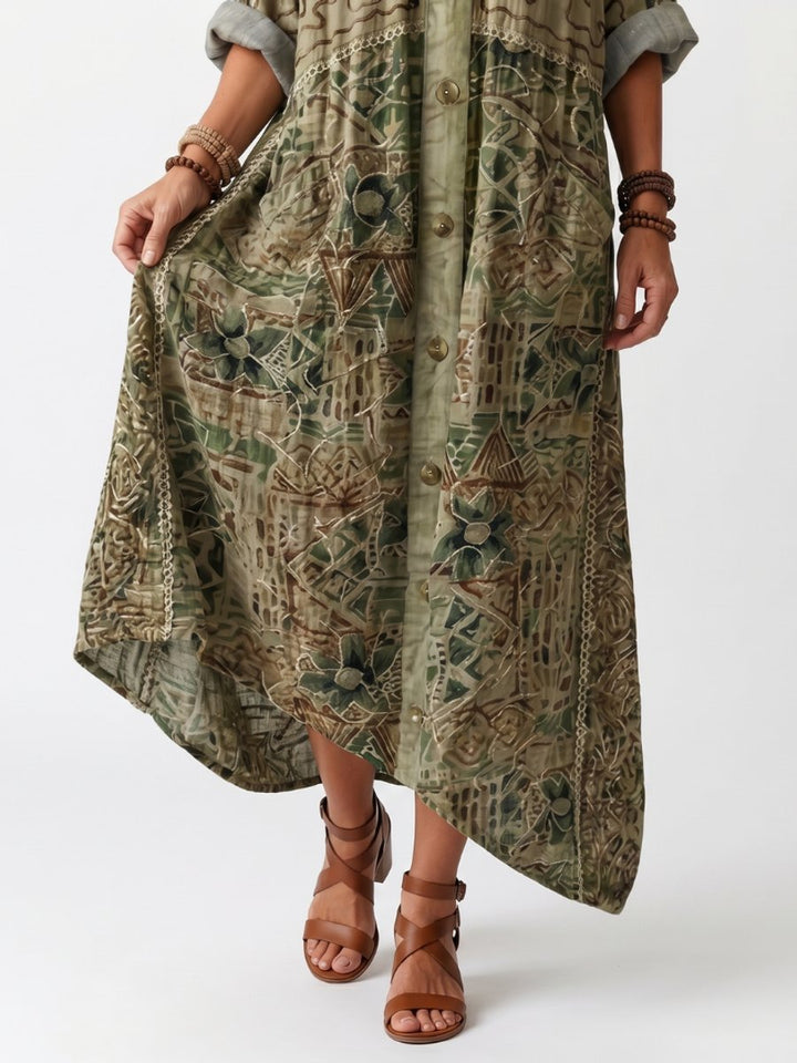 Mia | Women's Oversized Embroidered Midi Dress Button Front Pockets