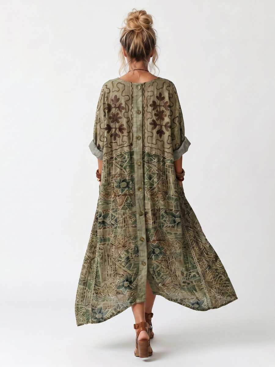 Mia | Women's Oversized Embroidered Midi Dress Button Front Pockets